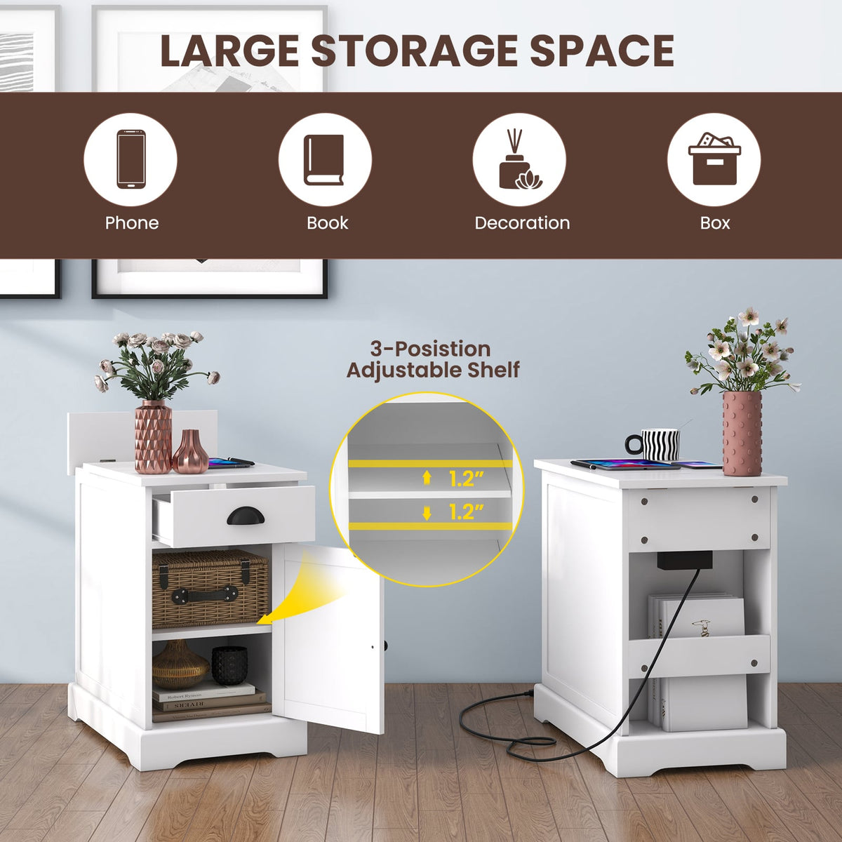 End Table with Charging Station and Flip Top-White-End & Side Tables-DECOROLALA
