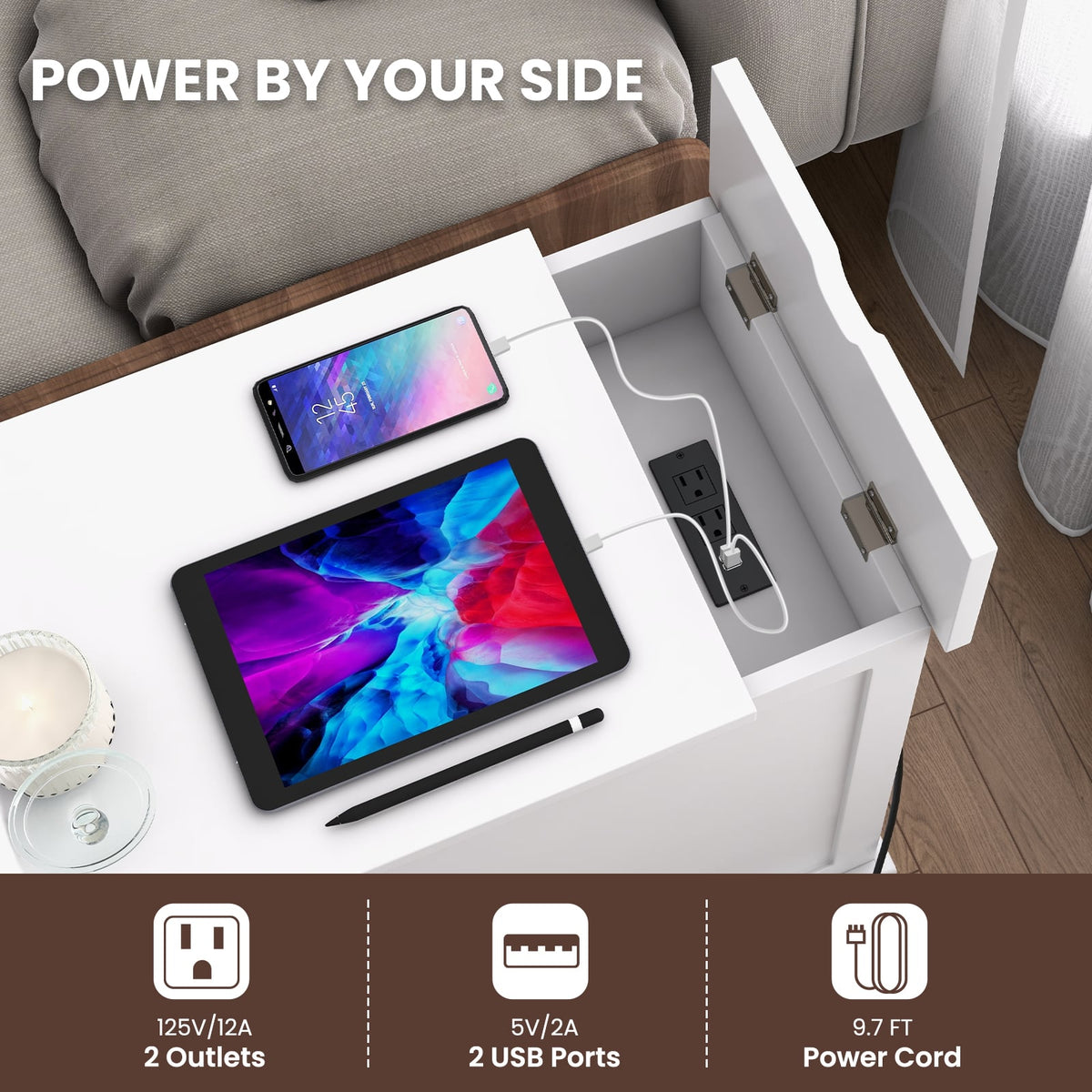 End Table with Charging Station and Flip Top-White-End & Side Tables-DECOROLALA