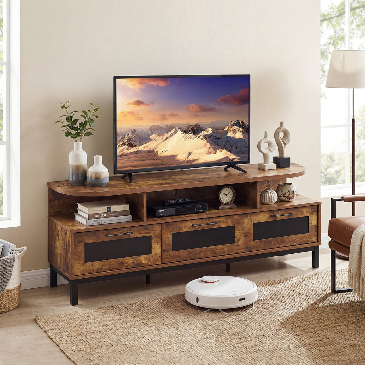 Entertainment Center with 3 Storage Drawers and Open Shelves-Rustic Brown-Entertainment Centers & TV Stands-DECOROLALA