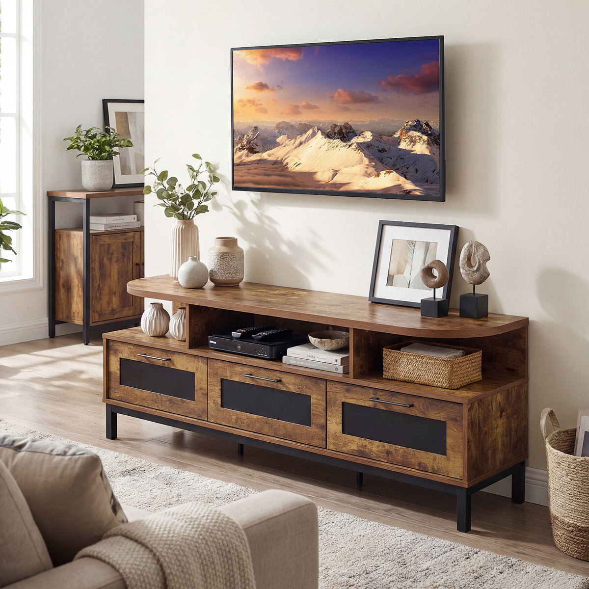 Entertainment Center with 3 Storage Drawers and Open Shelves-Rustic Brown-Entertainment Centers & TV Stands-DECOROLALA