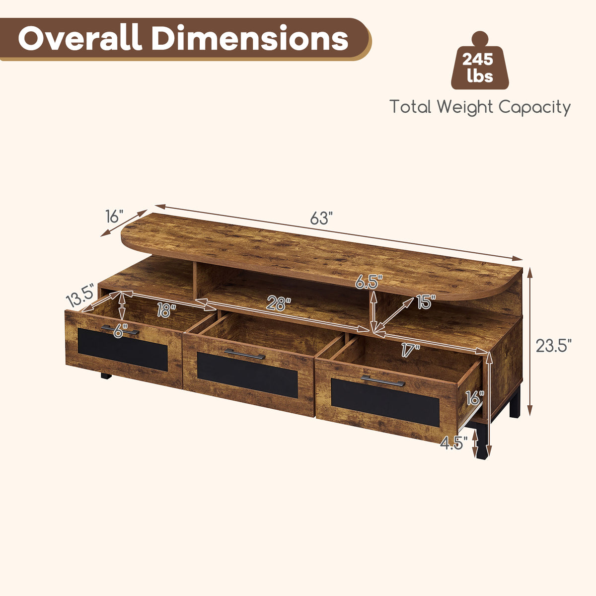 Entertainment Center with 3 Storage Drawers and Open Shelves-Rustic Brown-Entertainment Centers & TV Stands-DECOROLALA