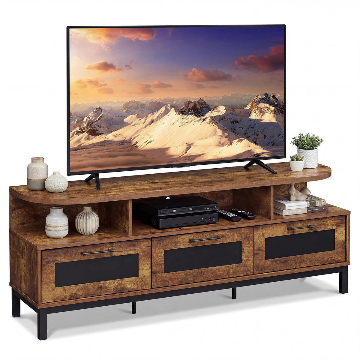 Entertainment Center with 3 Storage Drawers and Open Shelves-Rustic Brown-Entertainment Centers & TV Stands-DECOROLALA