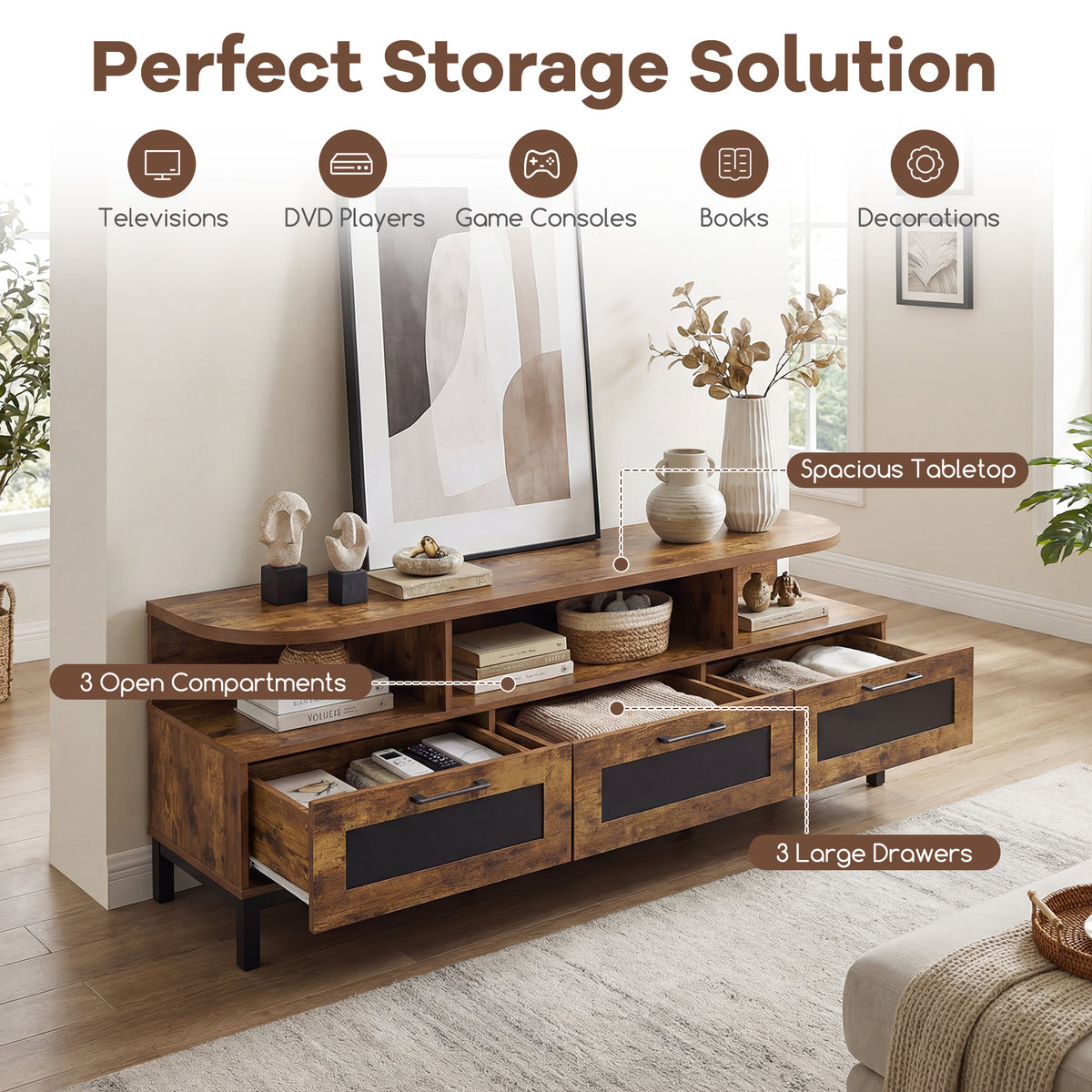 Entertainment Center with 3 Storage Drawers and Open Shelves-Rustic Brown-Entertainment Centers & TV Stands-DECOROLALA
