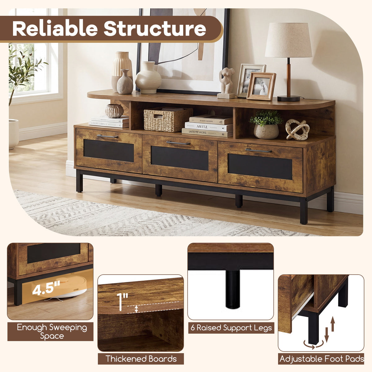 Entertainment Center with 3 Storage Drawers and Open Shelves-Rustic Brown-Entertainment Centers & TV Stands-DECOROLALA