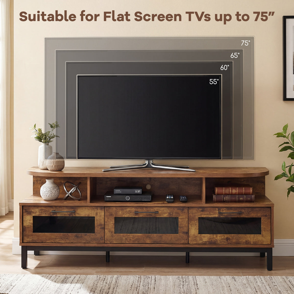 Entertainment Center with 3 Storage Drawers and Open Shelves-Rustic Brown-Entertainment Centers & TV Stands-DECOROLALA
