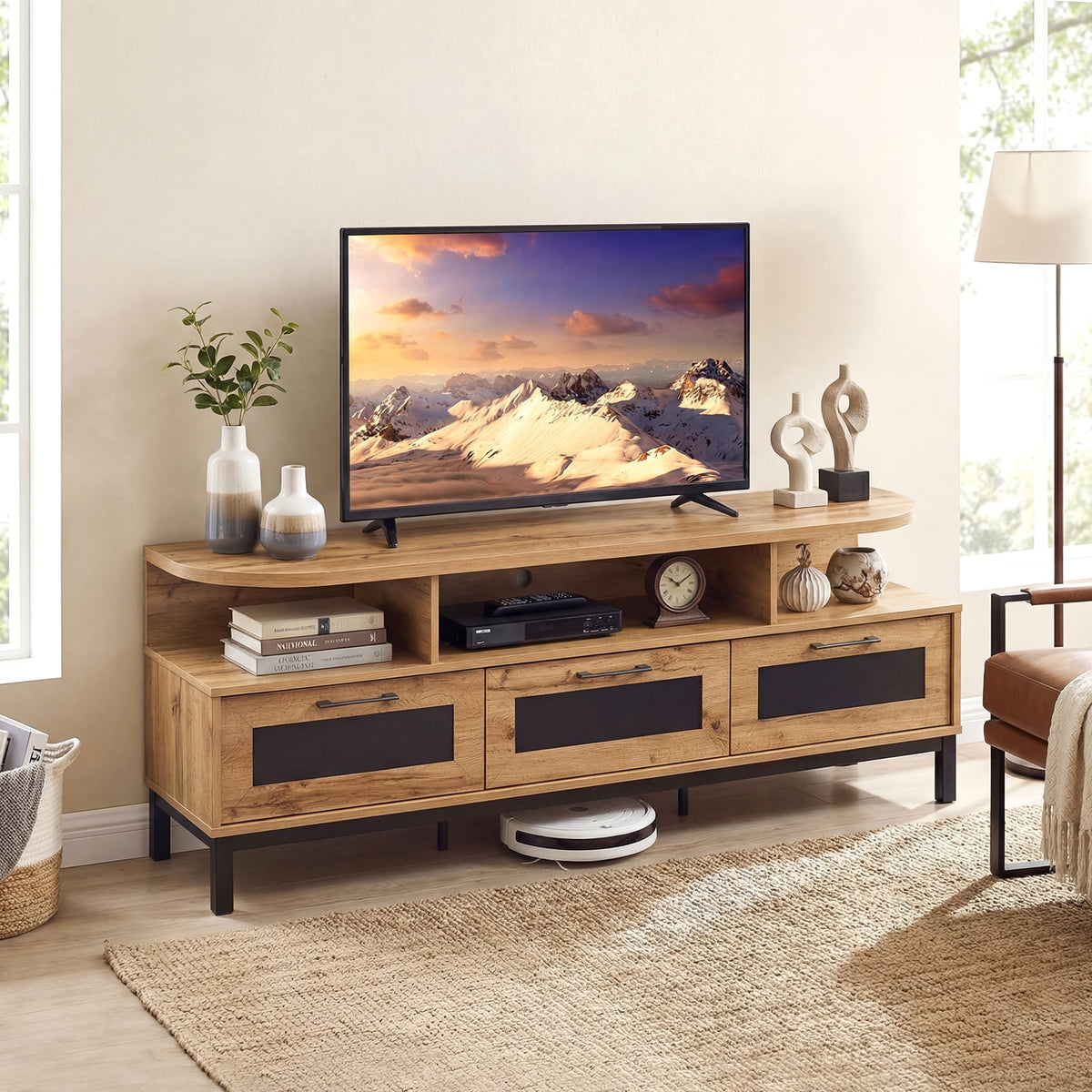 Entertainment Center with 3 Storage Drawers and Open Shelves-Natural-Entertainment Centers & TV Stands-DECOROLALA