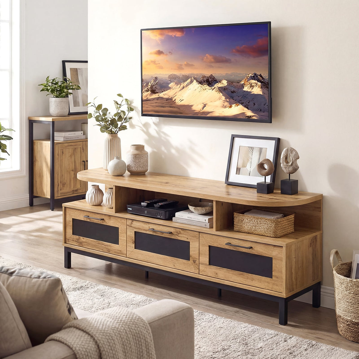 Entertainment Center with 3 Storage Drawers and Open Shelves-Natural-Entertainment Centers & TV Stands-DECOROLALA