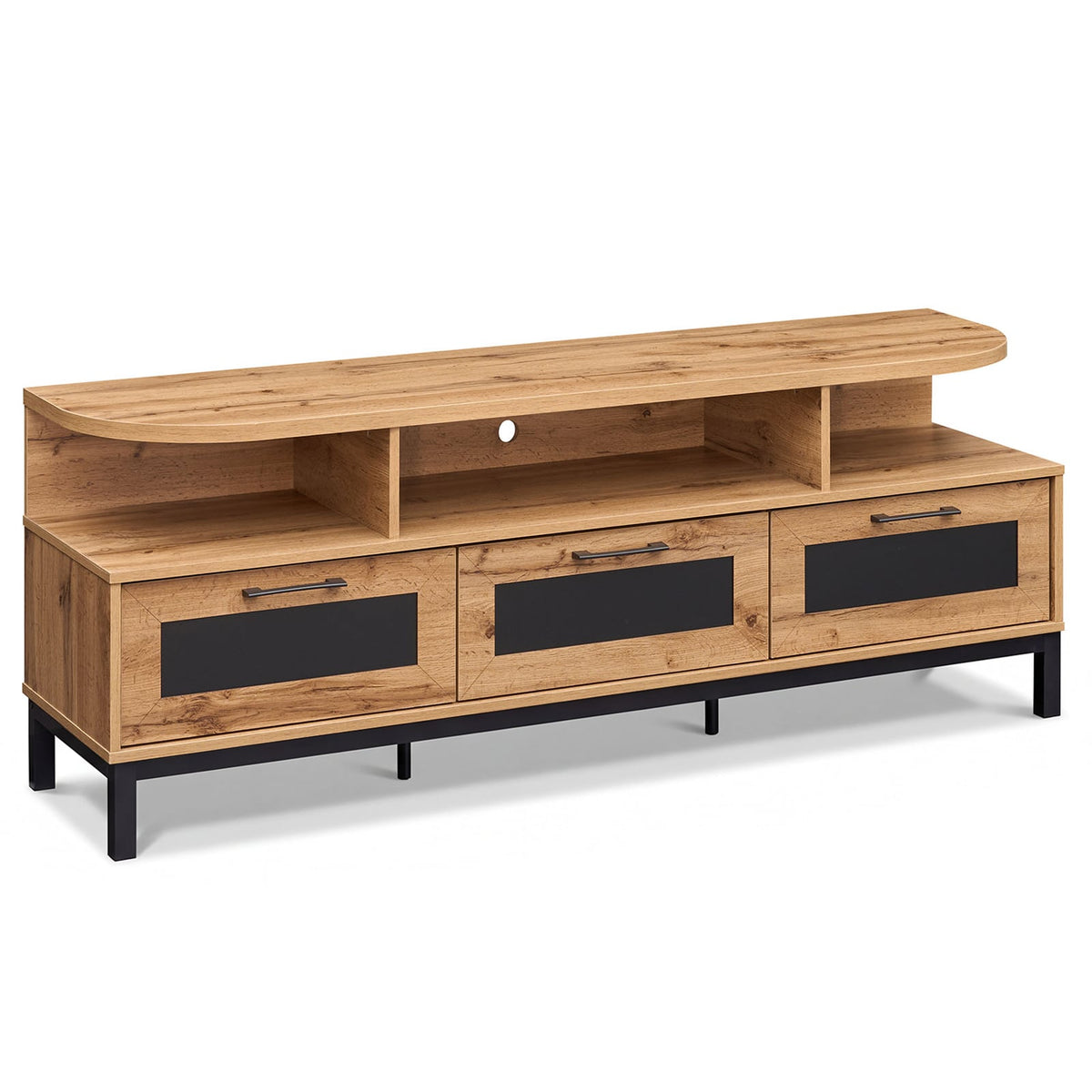 Entertainment Center with 3 Storage Drawers and Open Shelves-Natural-Entertainment Centers & TV Stands-DECOROLALA