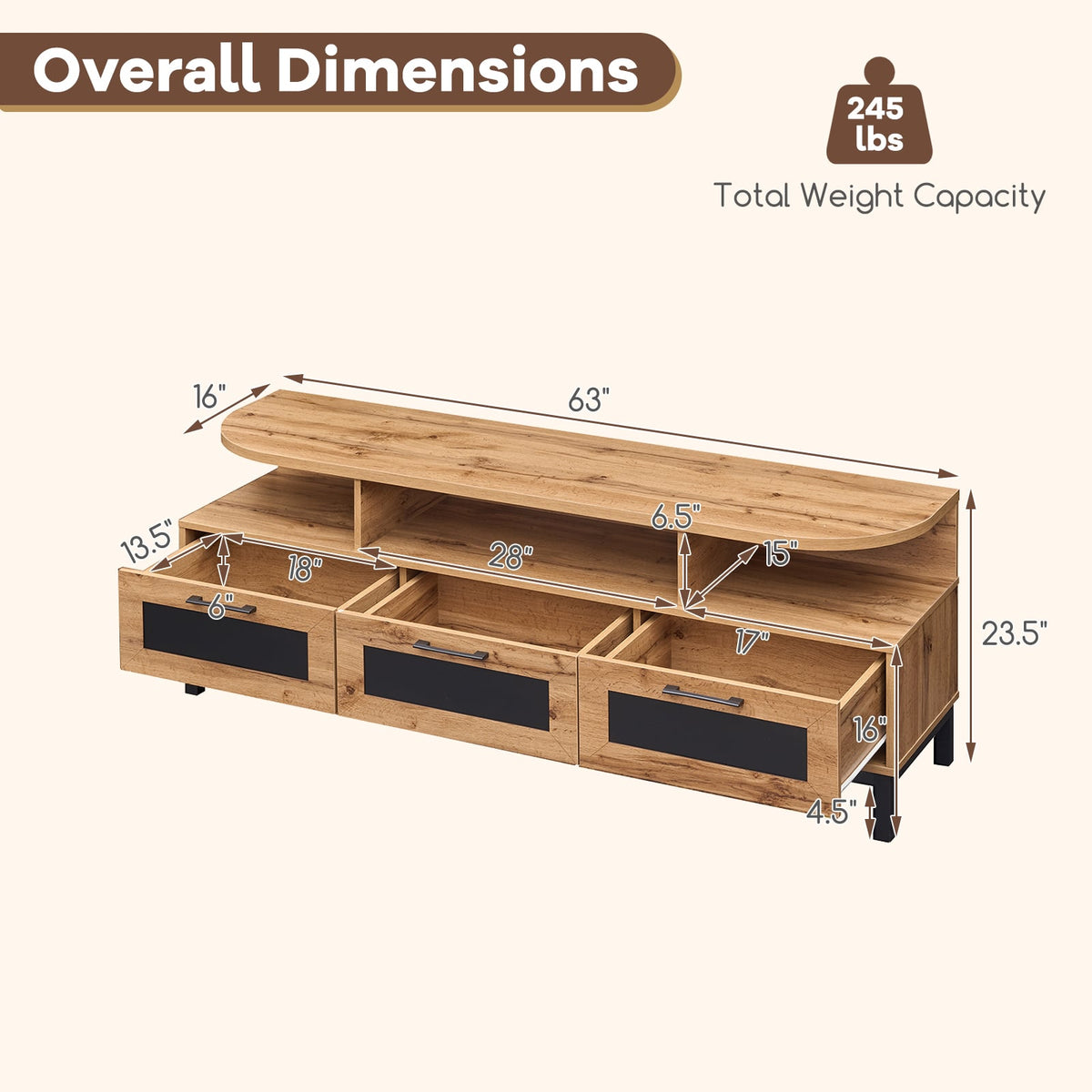 Entertainment Center with 3 Storage Drawers and Open Shelves-Natural-Entertainment Centers & TV Stands-DECOROLALA