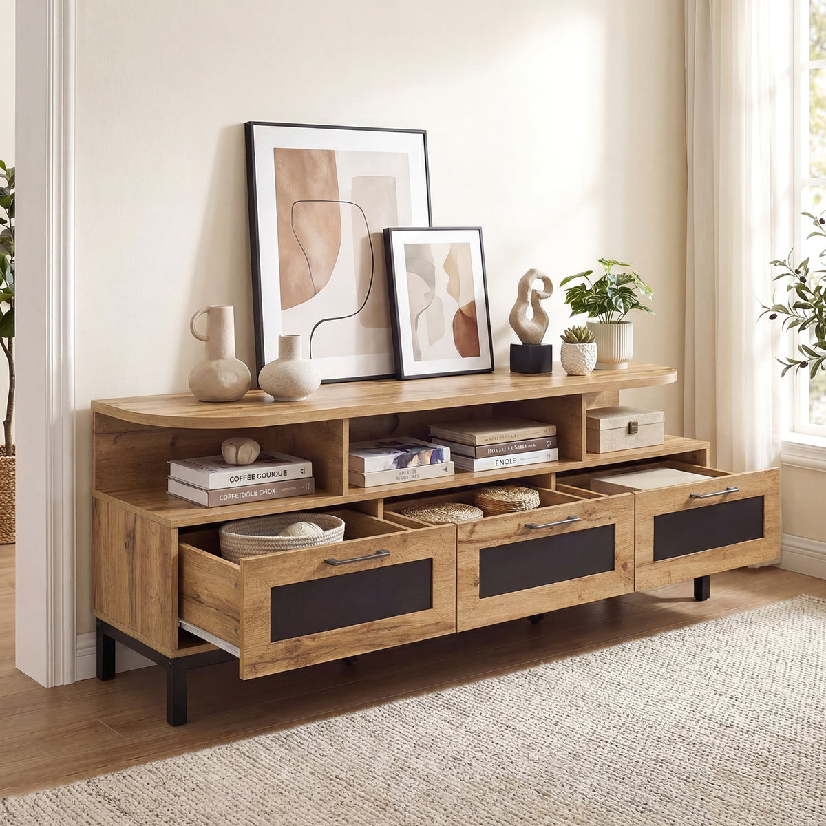 Entertainment Center with 3 Storage Drawers and Open Shelves-Natural-Entertainment Centers & TV Stands-DECOROLALA