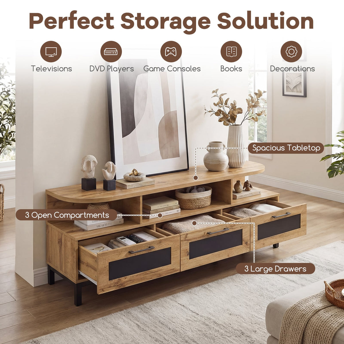 Entertainment Center with 3 Storage Drawers and Open Shelves-Natural-Entertainment Centers & TV Stands-DECOROLALA