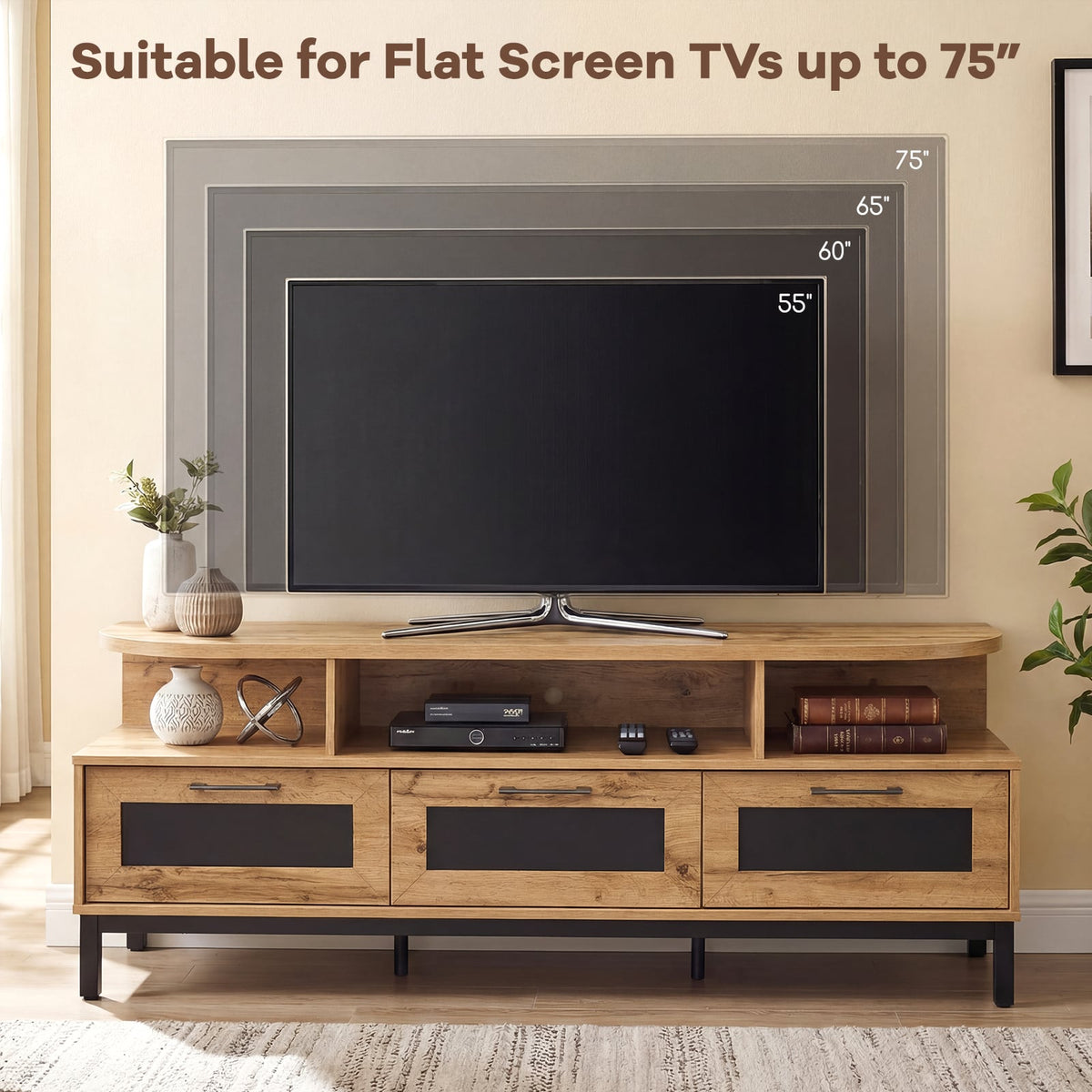 Entertainment Center with 3 Storage Drawers and Open Shelves-Natural-Entertainment Centers & TV Stands-DECOROLALA