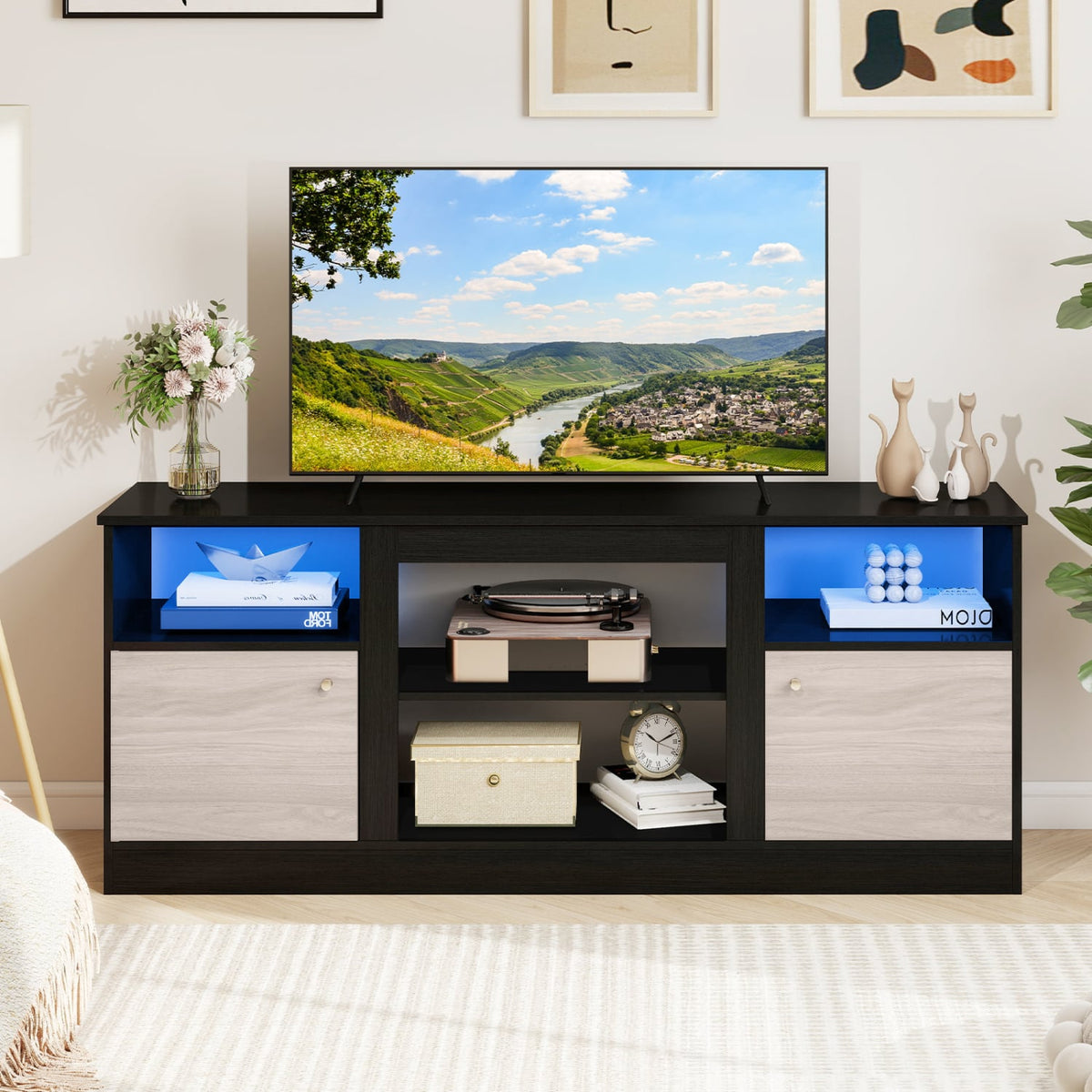 Entertainment Center with Adjustable Shelf & Open Compartment for 65” TVs-Black-Entertainment Centers & TV Stands-DECOROLALA