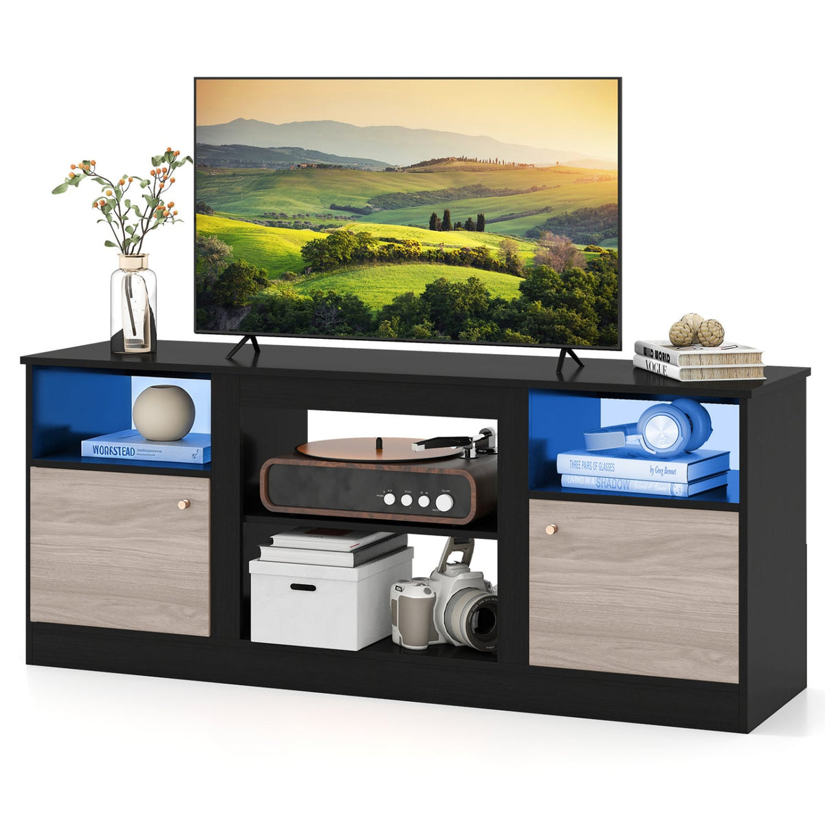 Entertainment Center with Adjustable Shelf & Open Compartment for 65” TVs-Black-Entertainment Centers & TV Stands-DECOROLALA