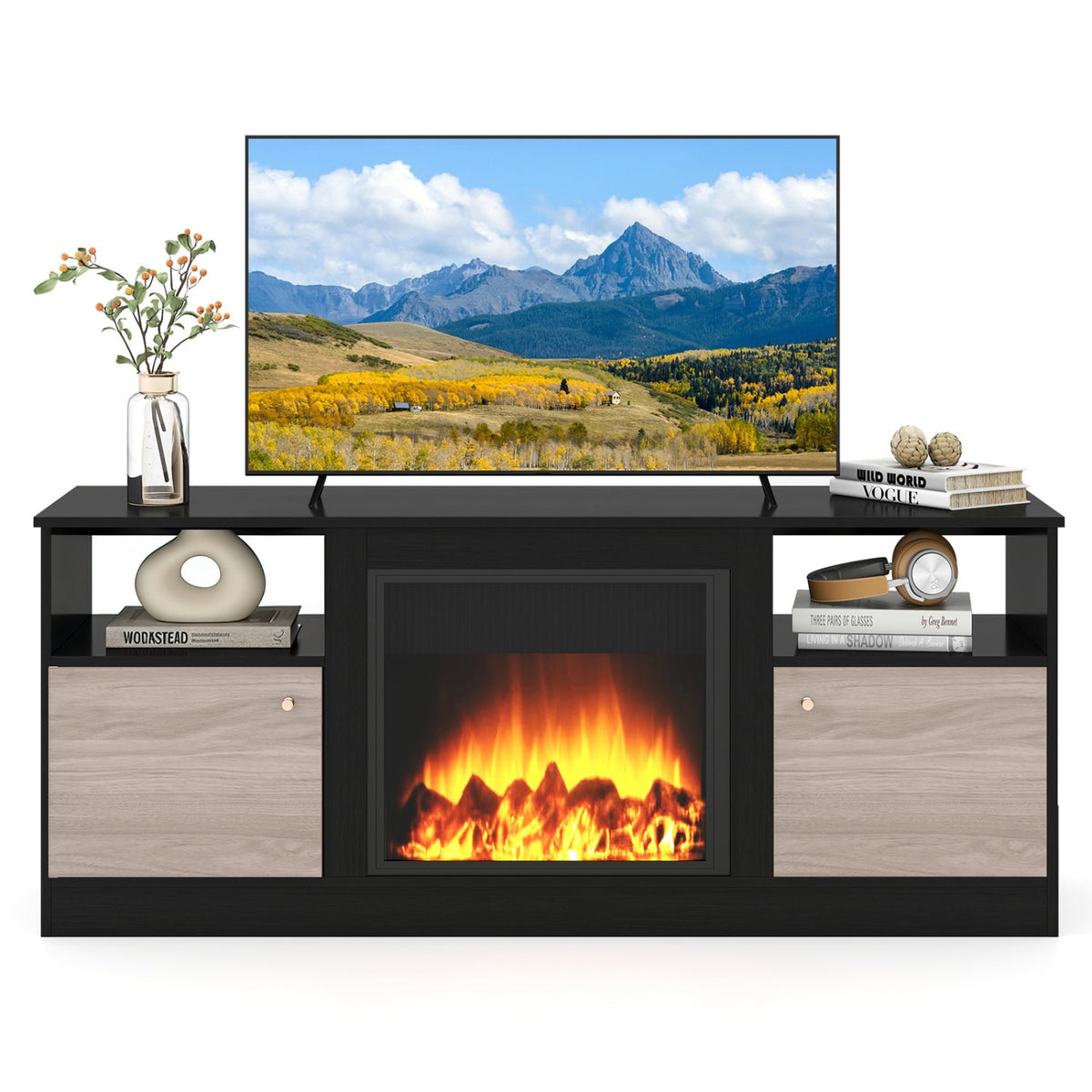 Entertainment Center with Adjustable Shelf & Open Compartment for 65” TVs-Black-Entertainment Centers & TV Stands-DECOROLALA