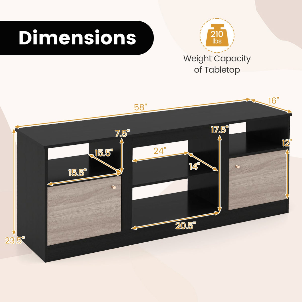 Entertainment Center with Adjustable Shelf & Open Compartment for 65” TVs-Black-Entertainment Centers & TV Stands-DECOROLALA