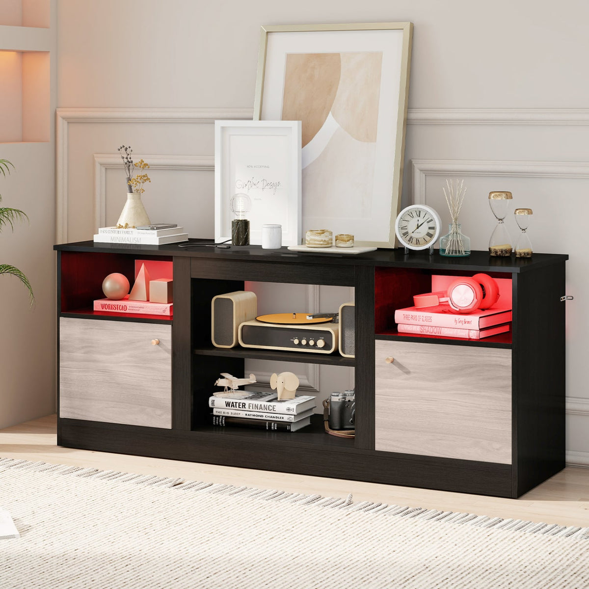 Entertainment Center with Adjustable Shelf & Open Compartment for 65” TVs-Black-Entertainment Centers & TV Stands-DECOROLALA