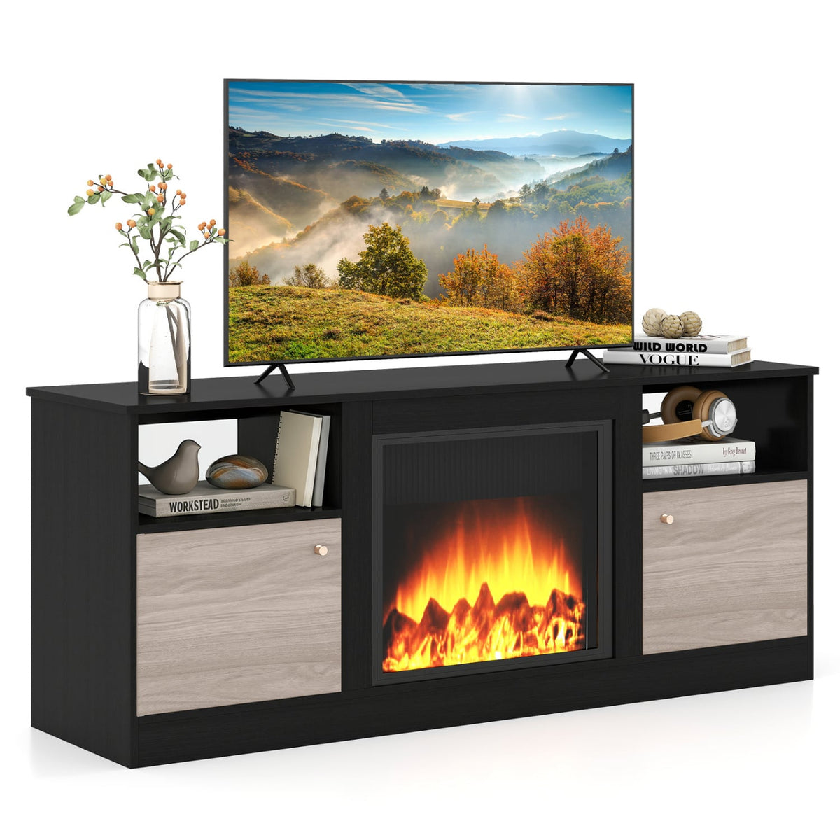 Entertainment Center with Adjustable Shelf & Open Compartment for 65” TVs-Black-Entertainment Centers & TV Stands-DECOROLALA