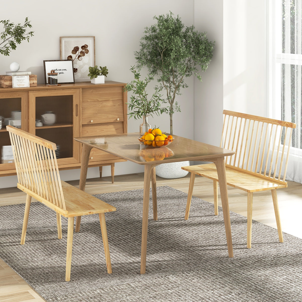 Entryway Bench for 2 with Spindle Back for Kitchen Dining Room Hallway-Natural-Dining Chairs-DECOROLALA