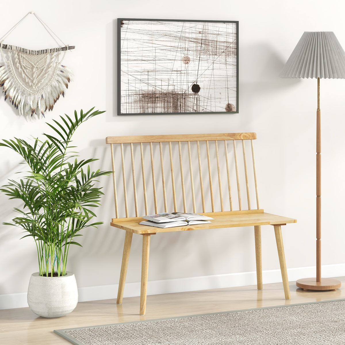 Entryway Bench for 2 with Spindle Back for Kitchen Dining Room Hallway-Natural-Dining Chairs-DECOROLALA