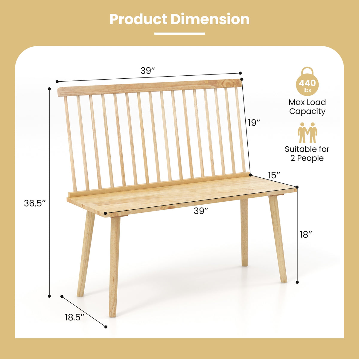 Entryway Bench for 2 with Spindle Back for Kitchen Dining Room Hallway-Natural-Dining Chairs-DECOROLALA