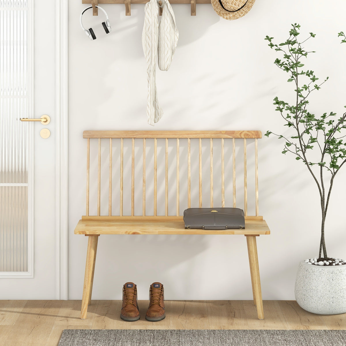 Entryway Bench for 2 with Spindle Back for Kitchen Dining Room Hallway-Natural-Dining Chairs-DECOROLALA
