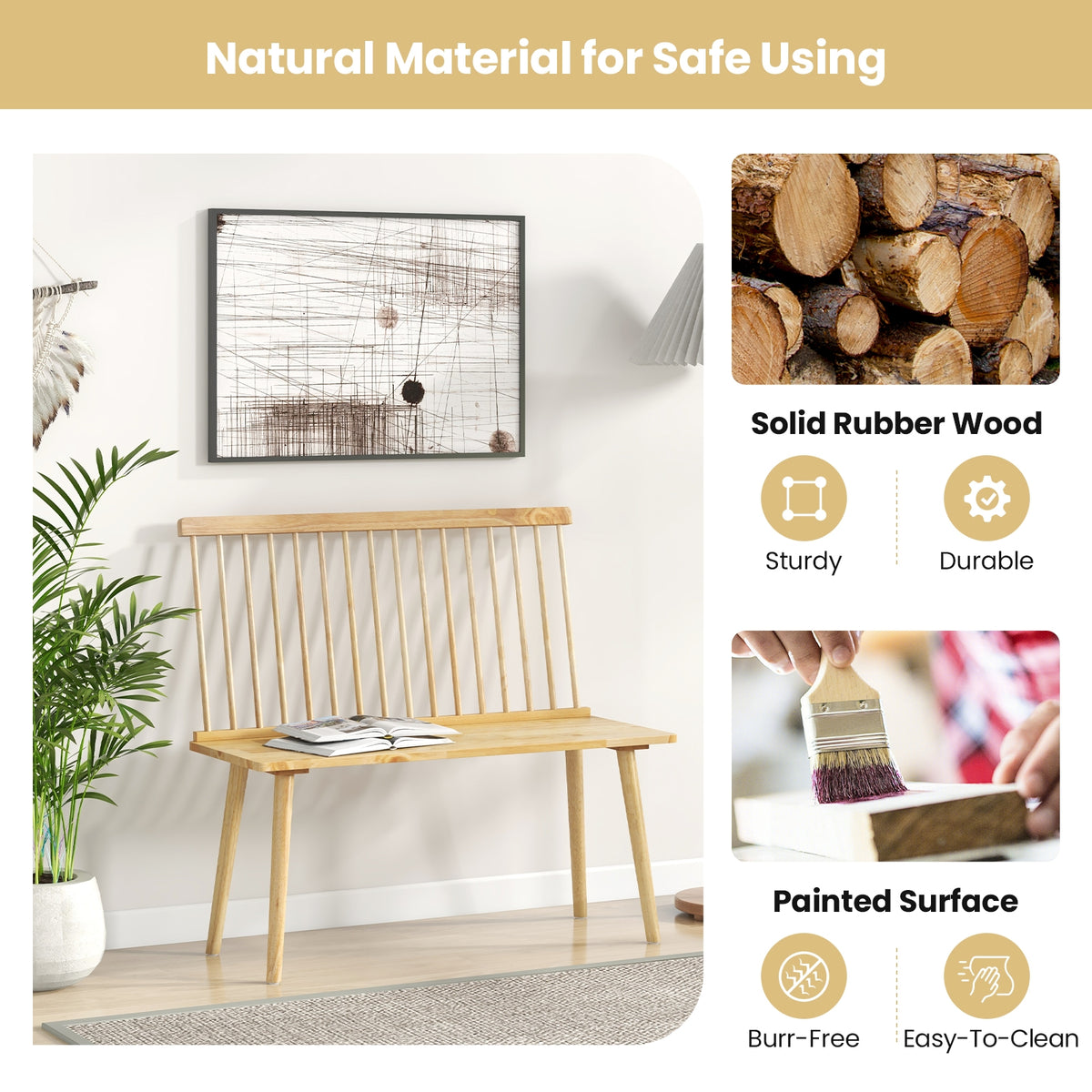 Entryway Bench for 2 with Spindle Back for Kitchen Dining Room Hallway-Natural-Dining Chairs-DECOROLALA