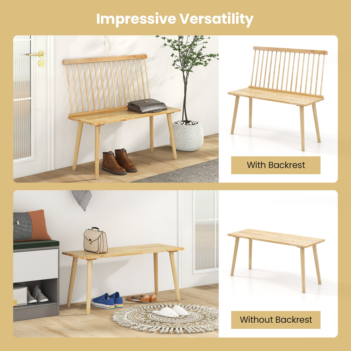 Entryway Bench for 2 with Spindle Back for Kitchen Dining Room Hallway-Natural-Dining Chairs-DECOROLALA