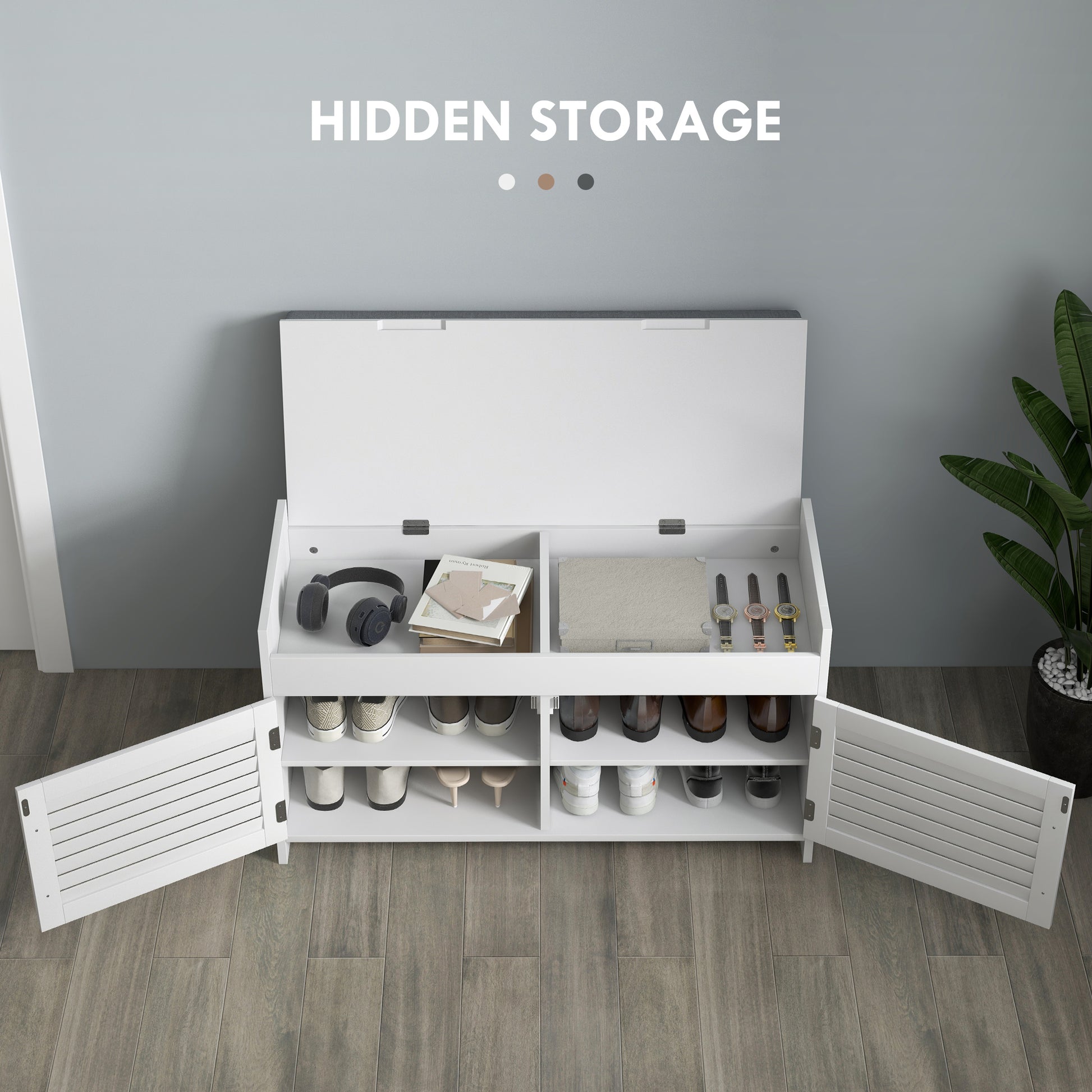 Entryway Bench with Cushion, Hidden Storage, Adjustable Shelves and Shutter Doors, 35.4" Shoe Bench, White-Home Furnishings > Storage & Organization > Shoe Storage Cabinets & Racks-DECOROLALA