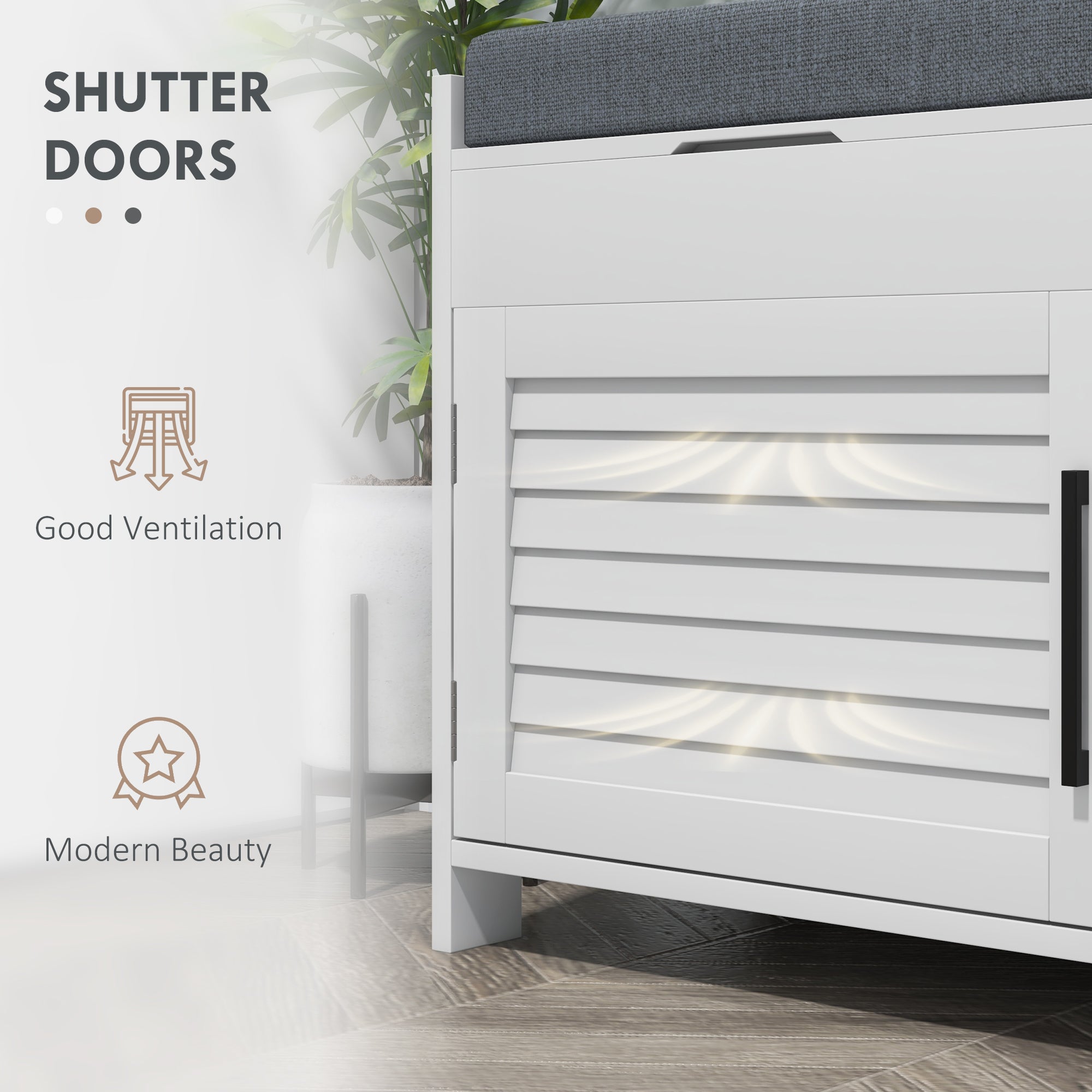 Entryway Bench with Cushion, Hidden Storage, Adjustable Shelves and Shutter Doors, 35.4" Shoe Bench, White-Home Furnishings > Storage & Organization > Shoe Storage Cabinets & Racks-DECOROLALA