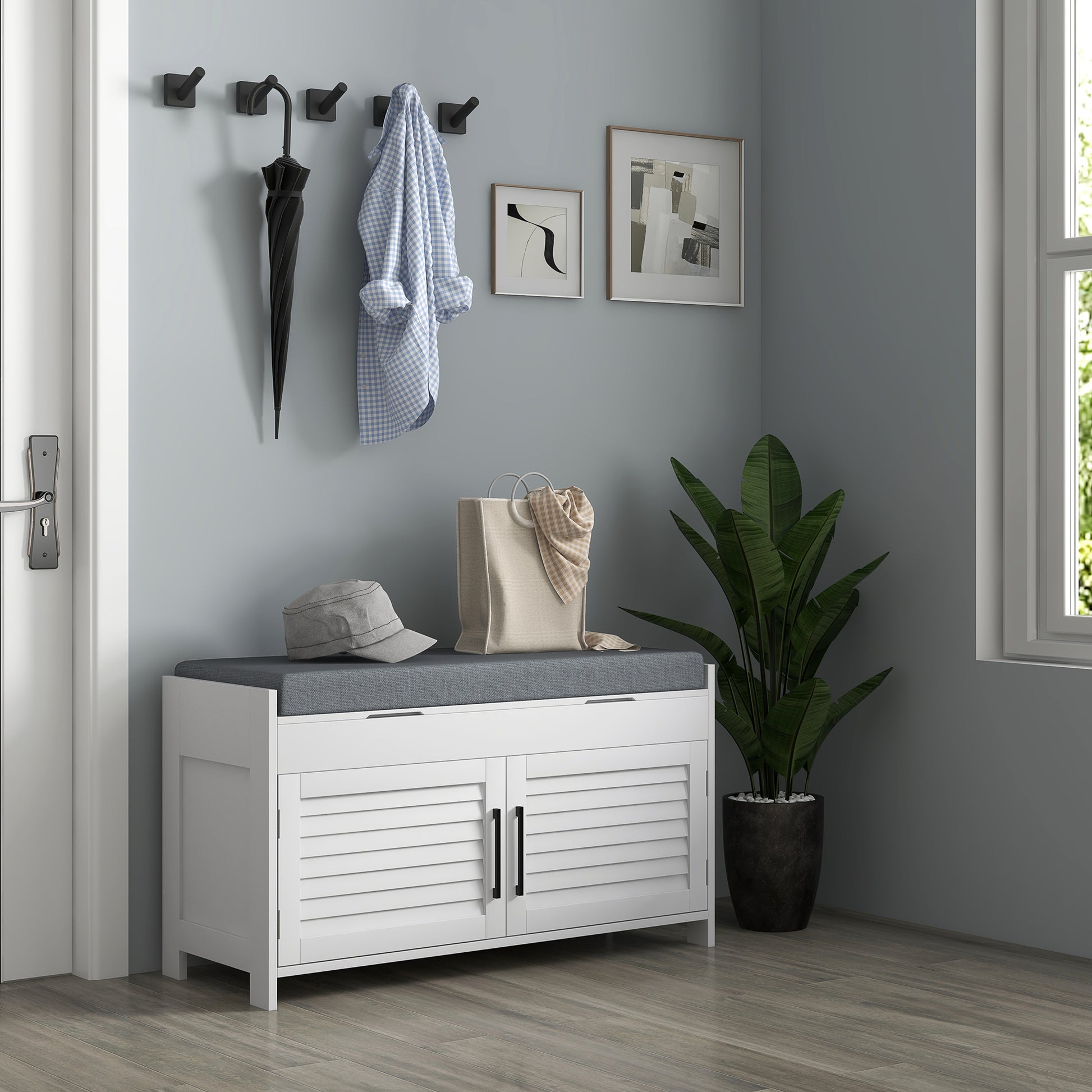 Entryway Bench with Cushion, Hidden Storage, Adjustable Shelves and Shutter Doors, 35.4" Shoe Bench, White-Home Furnishings > Storage & Organization > Shoe Storage Cabinets & Racks-DECOROLALA