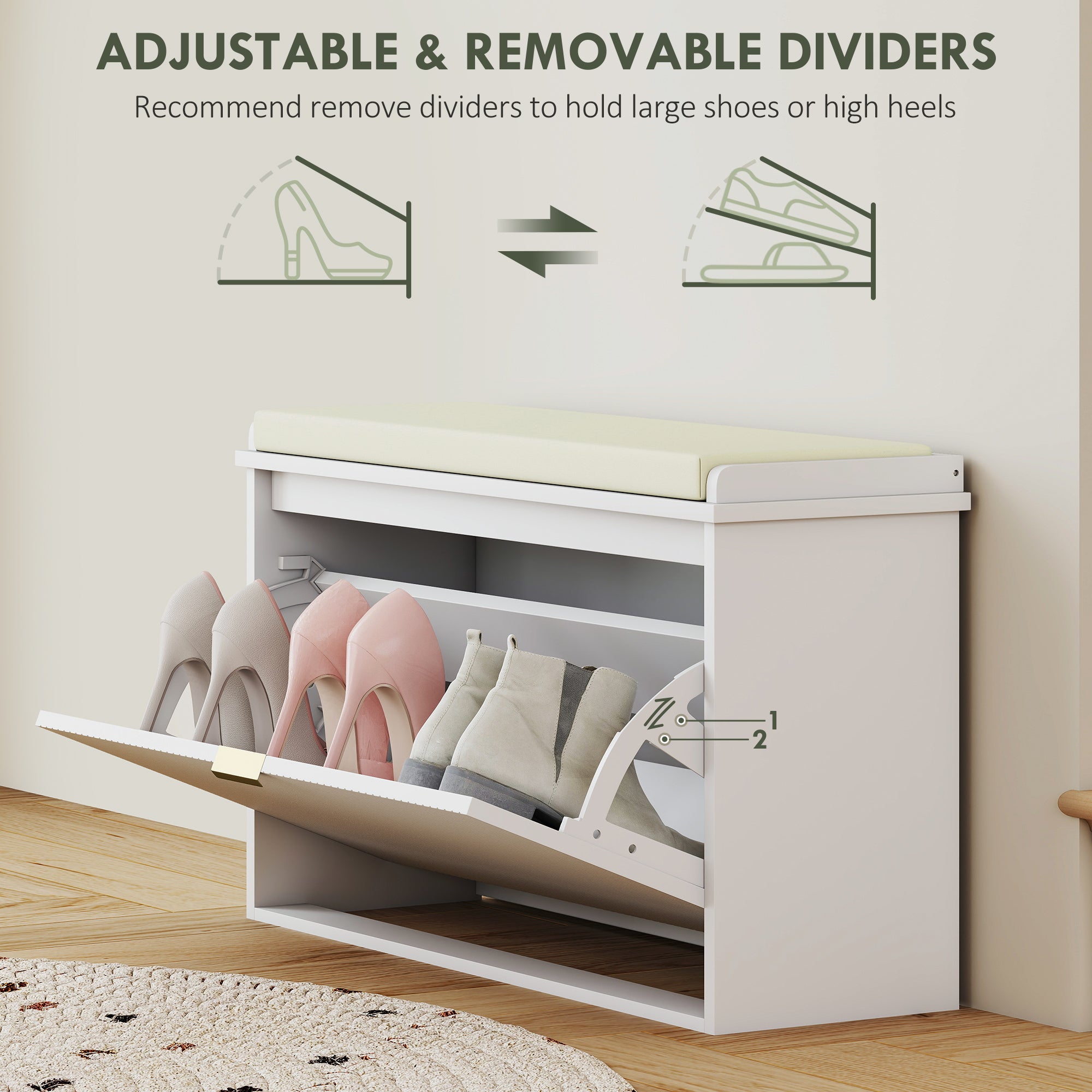 Entryway Bench with Padded Seat and Flip-Drawers, Holds up to 265lbs, Shoe Storage Bench for 8 Pairs of Shoes, White-Home Furnishings > Storage & Organization > Shoe Storage Cabinets & Racks-DECOROLALA