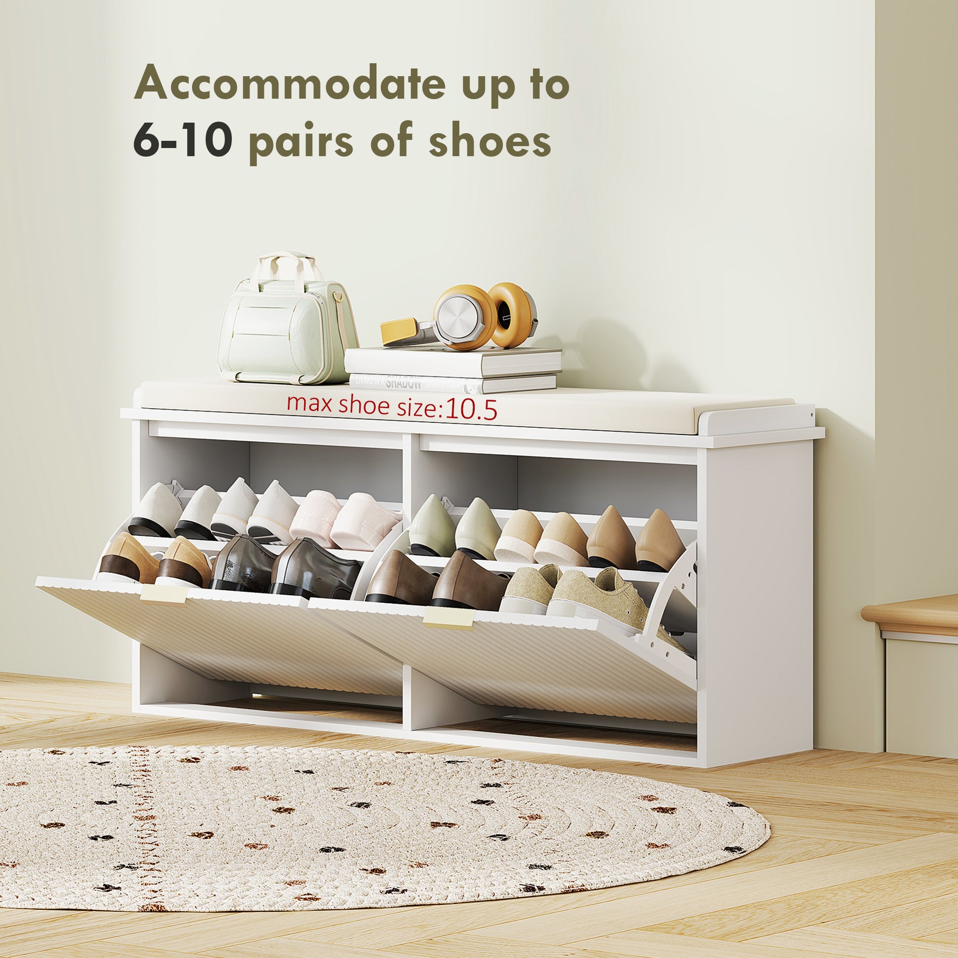 Entryway Bench with Padded Seat and Flip-Drawers, Holds up to 529lbs, Shoe Storage Bench for 10 Pairs of Shoes, White-Home Furnishings > Storage & Organization > Shoe Storage Cabinets & Racks-DECOROLALA