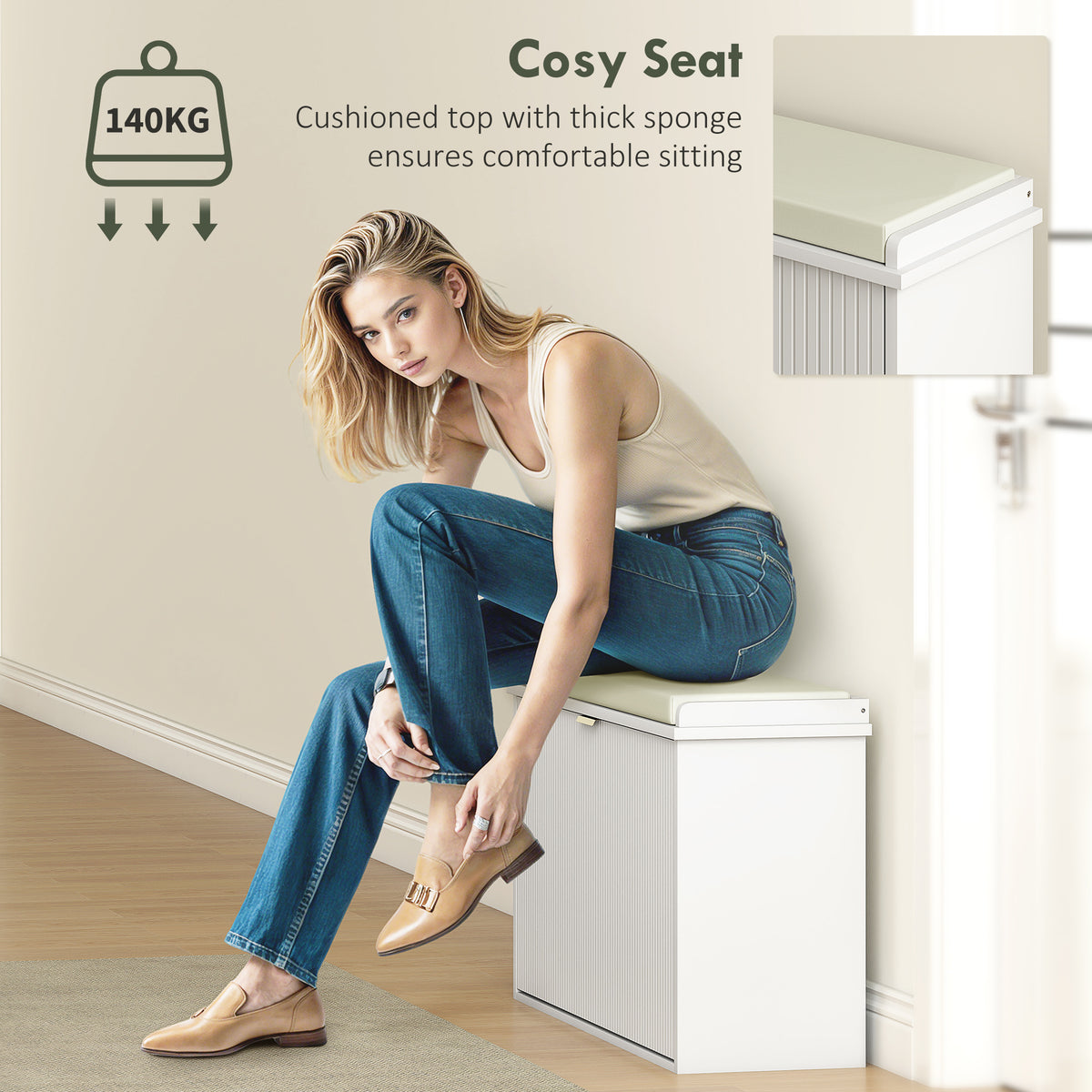 Entryway Shoe Bench with Padded Seat - White 31.5" W-Home Furnishings > Storage & Organization > Shoe Storage Cabinets & Racks-DECOROLALA