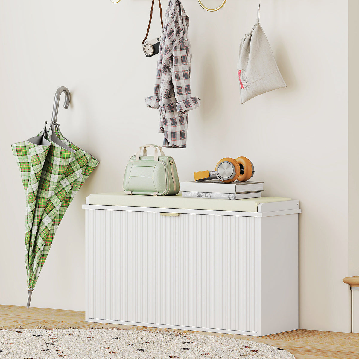 Entryway Shoe Bench with Padded Seat - White 31.5" W-Home Furnishings > Storage & Organization > Shoe Storage Cabinets & Racks-DECOROLALA