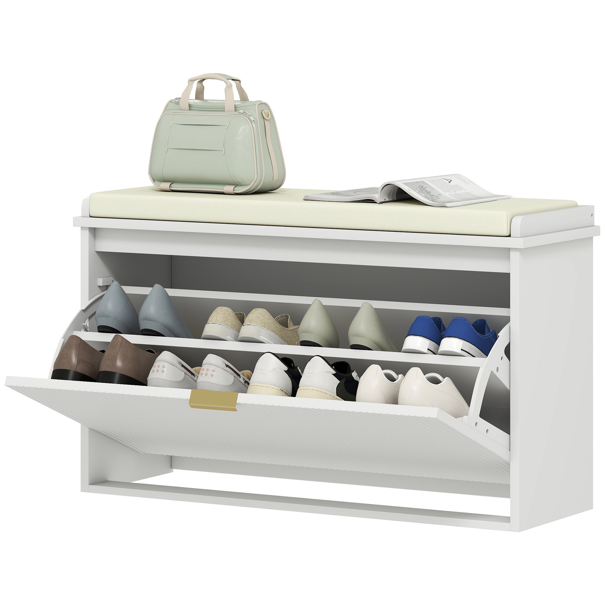 Entryway Shoe Bench with Padded Seat - White 31.5" W-Home Furnishings > Storage & Organization > Shoe Storage Cabinets & Racks-DECOROLALA