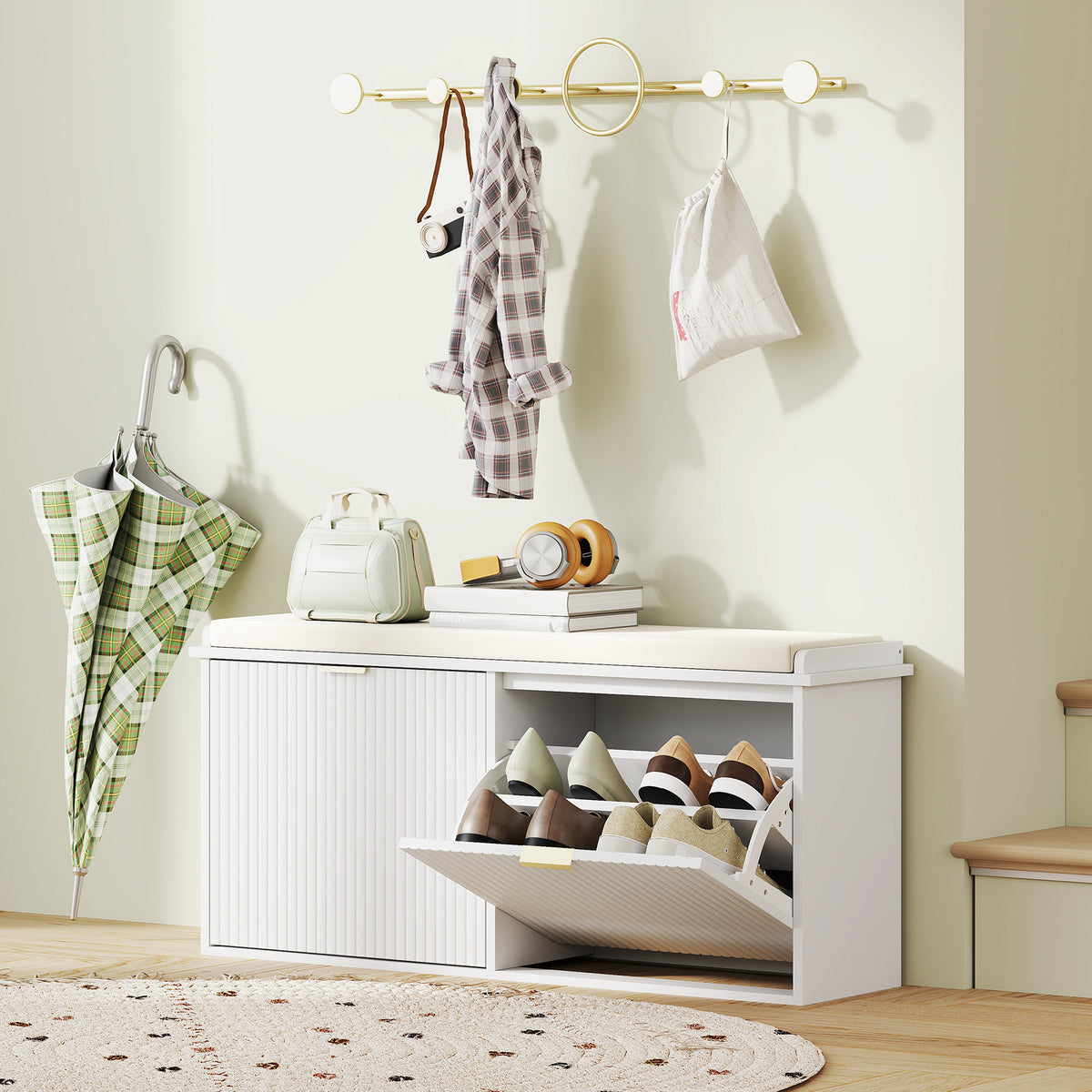 Entryway Shoe Bench with Padded Seat - White-Home Furnishings > Storage & Organization > Shoe Storage Cabinets & Racks-DECOROLALA