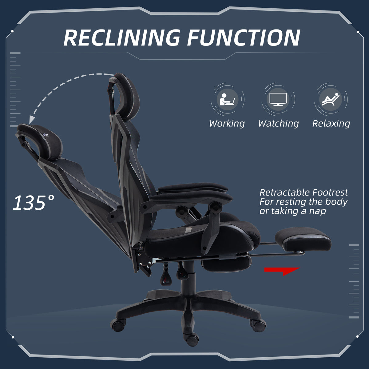 Ergonomic Gaming Chair with Footrest - Black Mesh Recliner-Office Products > Office Furniture > Office Chairs > Video Game Chairs-DECOROLALA