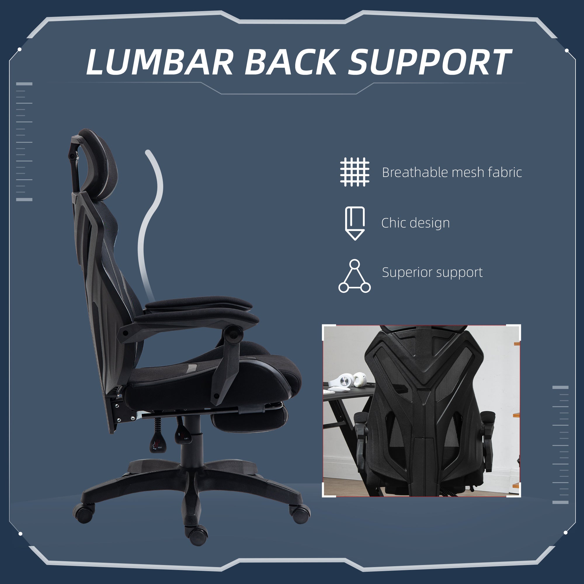 Ergonomic Gaming Chair with Footrest - Black Mesh Recliner-Office Products > Office Furniture > Office Chairs > Video Game Chairs-DECOROLALA