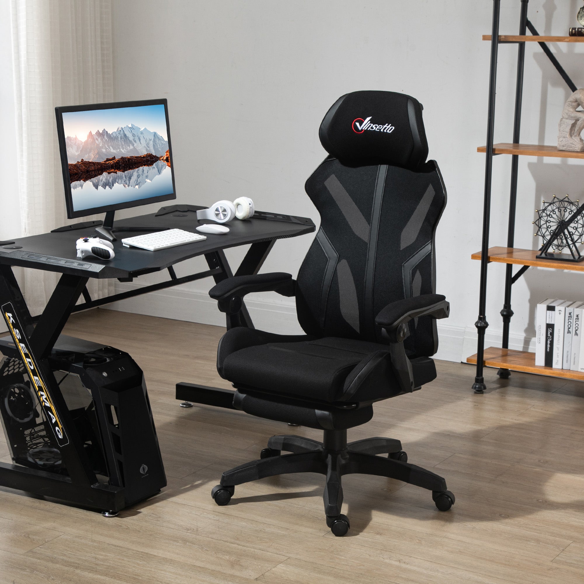 Ergonomic Gaming Chair with Footrest - Black Mesh Recliner-Office Products > Office Furniture > Office Chairs > Video Game Chairs-DECOROLALA
