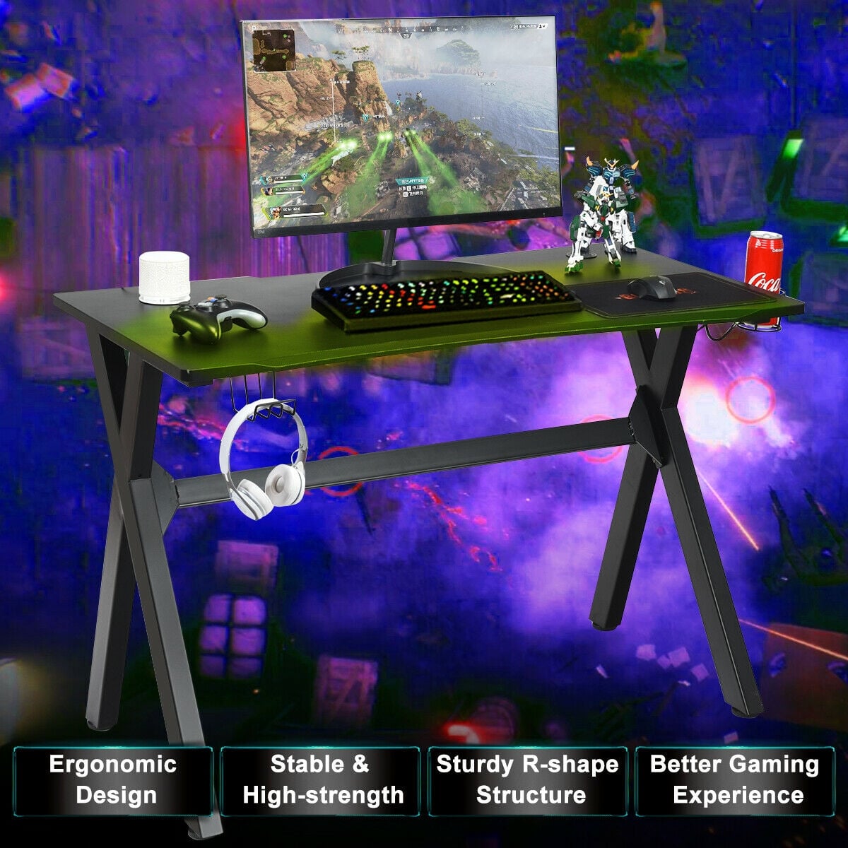 Ergonomic Gaming Desk with Mousepad and Cup Headphone Holder-Gaming Desks-DECOROLALA