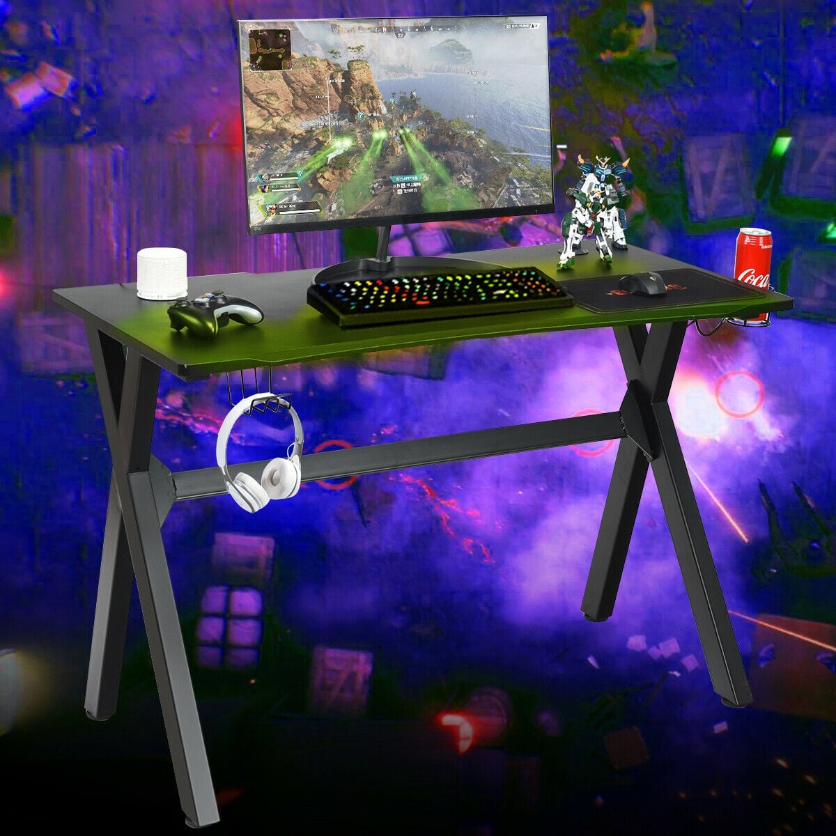 Ergonomic Gaming Desk with Mousepad and Cup Headphone Holder-Gaming Desks-DECOROLALA