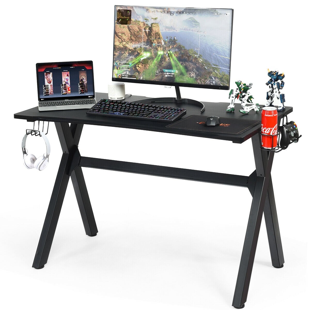 Ergonomic Gaming Desk with Mousepad and Cup Headphone Holder-Gaming Desks-DECOROLALA