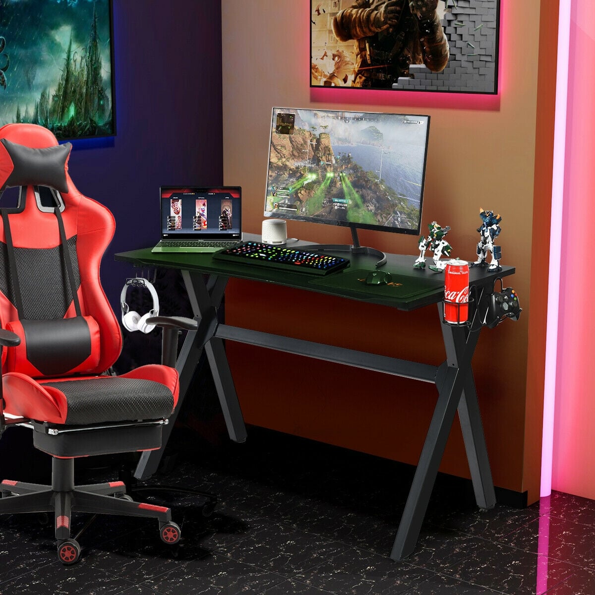 Ergonomic Gaming Desk with Mousepad and Cup Headphone Holder-Gaming Desks-DECOROLALA
