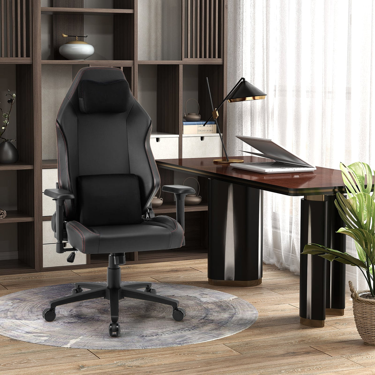 Ergonomic High Back Computer Chair with Magnetic Headrest and Lumbar Pillow-Black-Gaming Chairs-DECOROLALA
