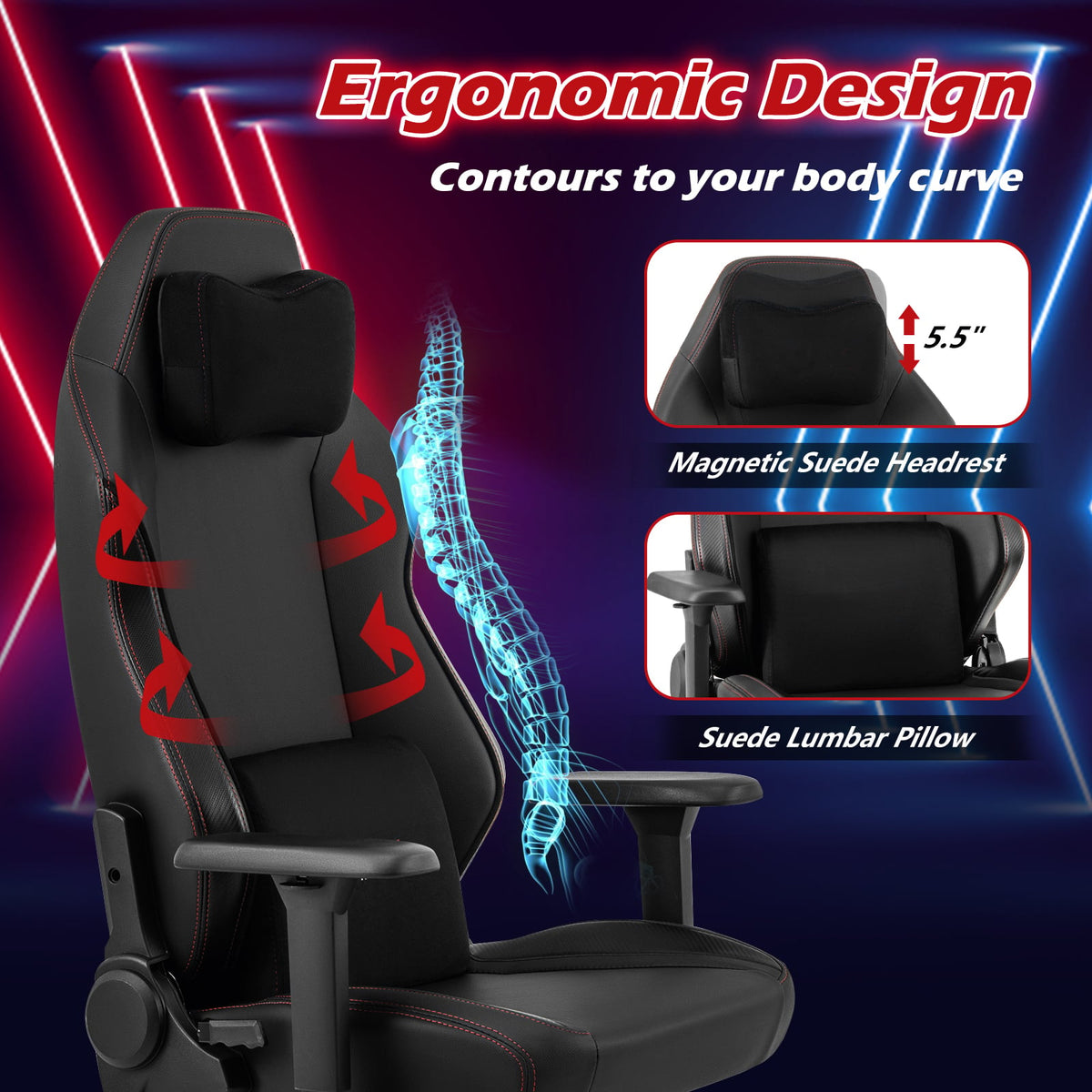 Ergonomic High Back Computer Chair with Magnetic Headrest and Lumbar Pillow-Black-Gaming Chairs-DECOROLALA