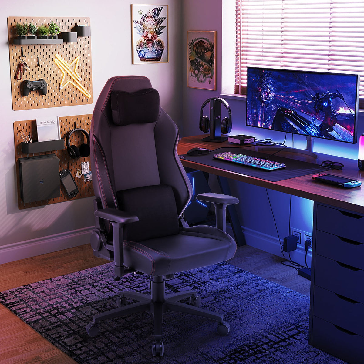 Ergonomic High Back Computer Chair with Magnetic Headrest and Lumbar Pillow-Black-Gaming Chairs-DECOROLALA