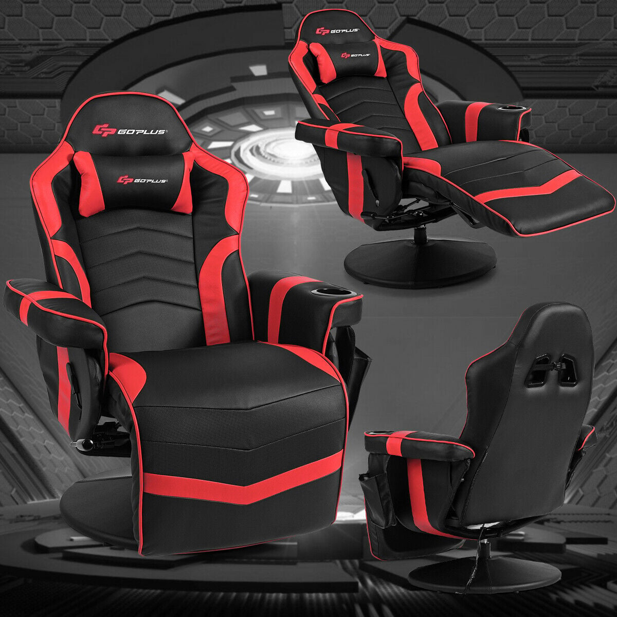 Ergonomic High Back Massage Gaming Chair Gaming Recliner with Pillow-Red-Gaming Chairs-DECOROLALA