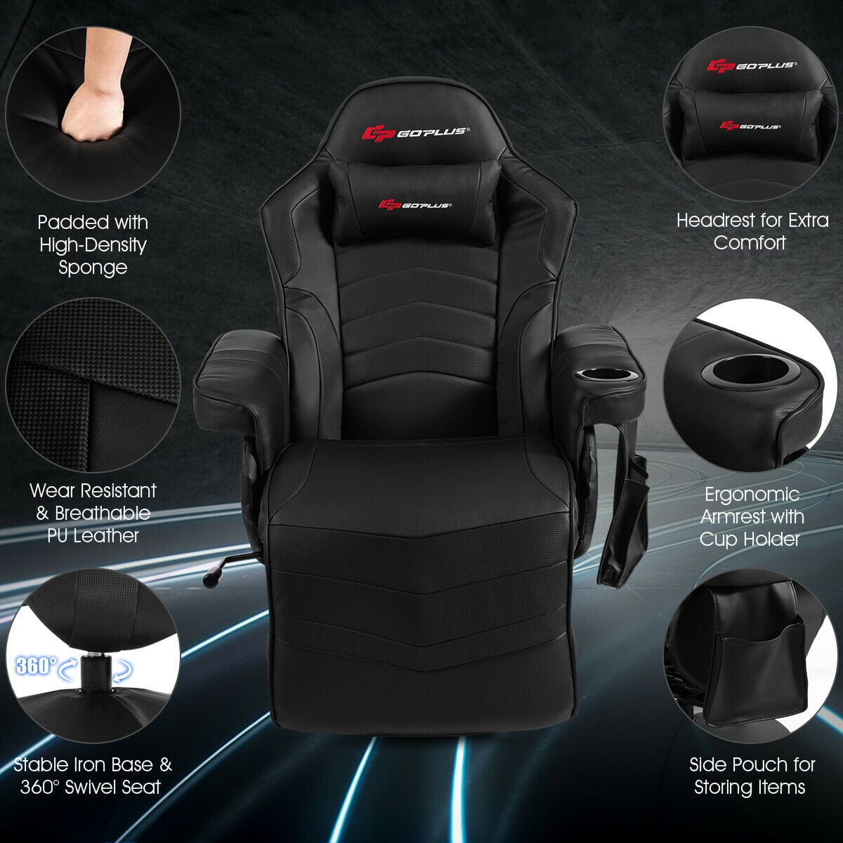 Ergonomic High Back Massage Gaming Chair with Pillow-Black-Gaming Chairs-DECOROLALA