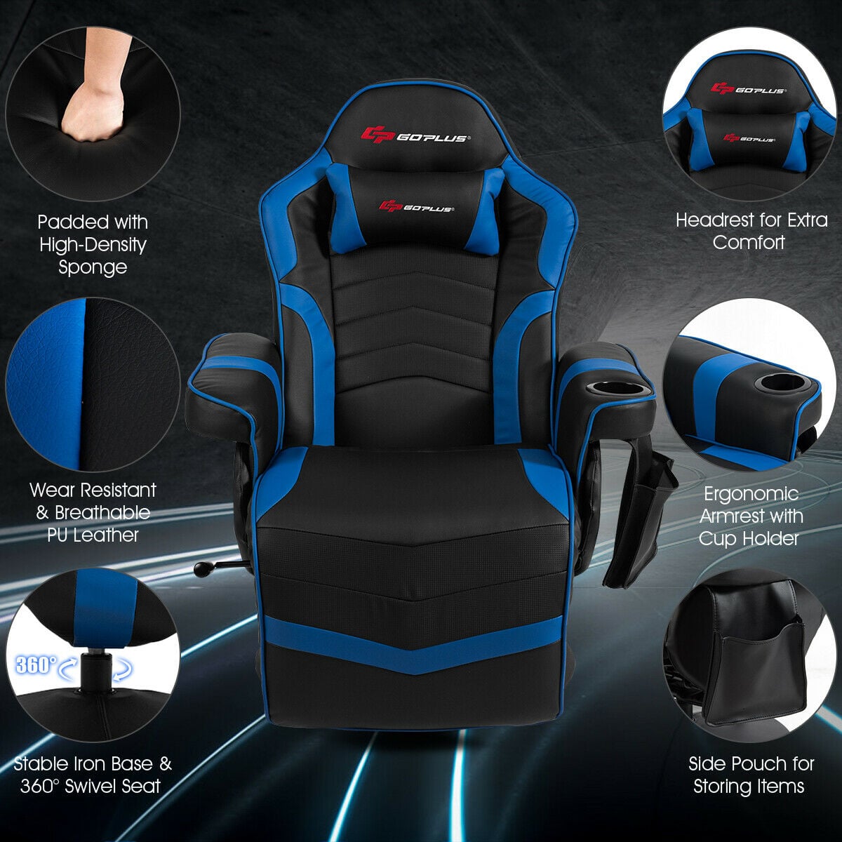 Ergonomic High Back Massage Gaming Chair with Pillow-Blue-Gaming Chairs-DECOROLALA